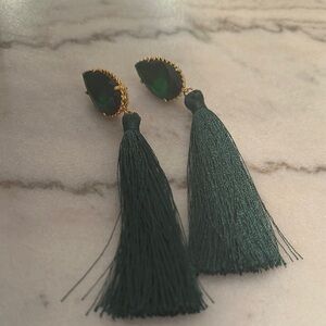 Elegant Green Tassel Earrings With Green Crystal Post